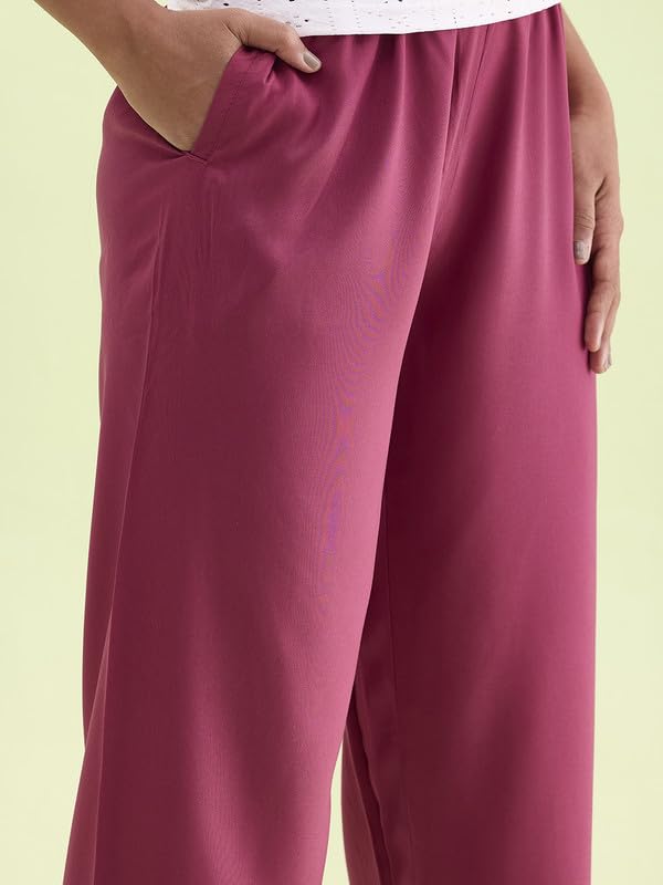 Image of GO COLORS Women Solid Mid Rise Relaxed Fit Viscose Casual Pants