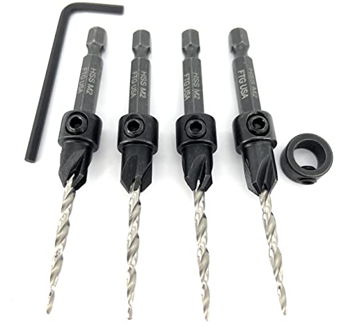 Image of FTG USA #6 (9 /64 inch) Wood Countersink Drill Bit 4-Pc Set with 3 /8 inch Depth Stop | Convenient 4-pack of identical tapered bits for woodworking. Includes an adjustable 3 /8 inch depth stop collar