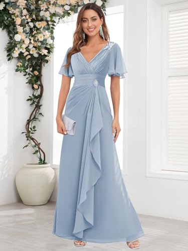 Women's V Neck Mother of The Bride Dresses for Wedding Chiffon Pleated Long Evening Formal Gown2