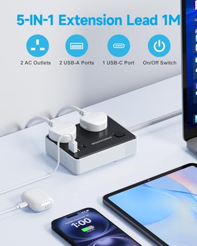 Black Extension Lead 1M with 3 USB Slots (1 USB C), 2 Gang Short Extension Lead with Switch, Small Power Strip for Travel Home Bedroom Kitchen Office, Surge Protected, Black