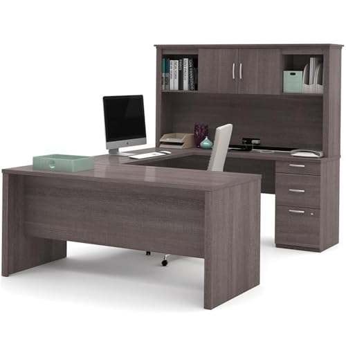 Atlin Designs Modern Wood U Shape Computer Desk with Hutch, Bark Gray Finish, 1' Scratch-Resistant Surface, File Drawer, 95.5 x 66 x 66.5 in Office Desk for Home or Professional Workspace