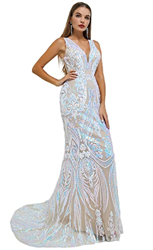 Women's V-Neck Sequins Sleeveless Lace-up Mermaid Evening Dress3