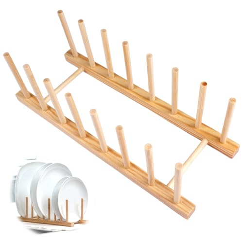 Scolapiatti da Appoggio in Legno, 7 Fessure e Spaziatura 3 cm, 30 X 11,5 X 10 cm, Portapiatti in Legno per Ciotole, Stoviglie, Tazze, Taglieri, Libri, Supporto per Tagliere da Cucina Salvaspazio