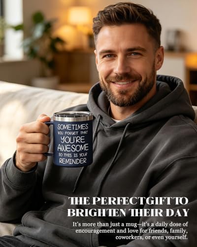 avodvo Inspirational Coffee Mug for Men, 12oz Insulated Stainless Steel Mug with Handle & 2 Lids – Sometimes You Forget You’re Awesome, Birthday & Appreciation Gift for Dad, Husband, Him, Navy Blue - image 6