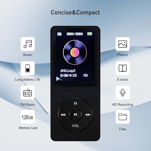 Image of MP3 Player 128GB with Speaker Earphone Portable HiFi Lossless Sound MP3 Mini Music Player Voice Recorder E-Book HD Screen 1.8 inch Black