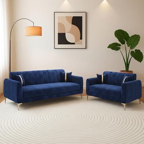 Image of Hermione Luxe Velvet-Suede Fabric 3 Seater + 2 Seater Sofa Set | Golden Legs | Comfortable & Spacious Seating | Modern Sofa Set for Living Room - Dark Blue
