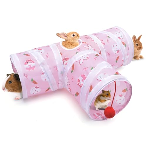 Bissap Rabbit Tunnel, Collapsible Bunny Tunnel and Tube 3 Ways Pet Hideout with 1 Play Ball for Indoor Kittens Dwarf Rabbits Bunnies Guinea Pigs Chinchillas Small Animal Activity Fun Toys (Pink)