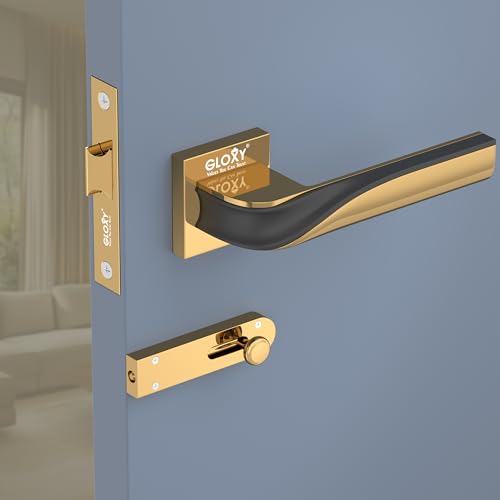 Image of GLOXY Premium Bathroom Door Lock - Heavy Duty Mortise Door Lock with Keyless Plate Handle Set for Home with Brass Baby Latch - Gold & Black Finish Bathroom Lock for Door with 2 Years Warranty