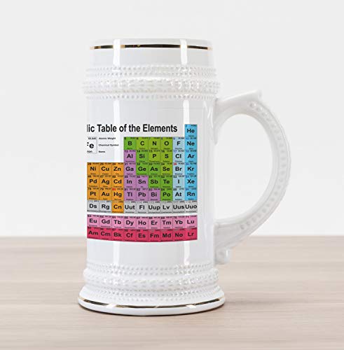 Ambesonne Periodic Table Beer Stein Mug, Science Freak Chemistry Lovers Colorful Element Table for Fun Learning Image, Decorative Printed Ceramic Large Beer Mug Stein, 30 oz, White Pink