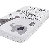 NoJo Love You to The Moon - 100% Cotton Grey and White Elephant and Giraffe Nursery Photo Op Fitted Crib Sheet Love You to The Moon and Back