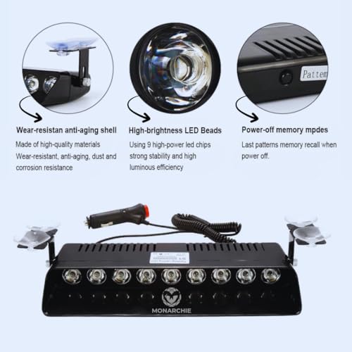 Image of MONARCHIE 9 LED Car Police Emergency Strobe Light With Red Blue White Flasher, 6 Flashing Modes | Suitable for SUV, MUV's, Sedans, Hatchback