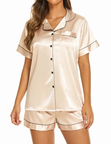 Ekouaer Silk Pajamas for Women Short Sleeve Sleepwear Soft Button Down Loungewear 2 Piece Satin Pjs Shorts Set S-XXL4