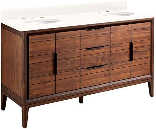 Signature Hardware 459312 Aliso 60" Free Standing Double Vanity Set with Teak Cabinet, Vanity Top, and Oval Undermount Sink - 8" Faucet Holes - Java/Arctic White