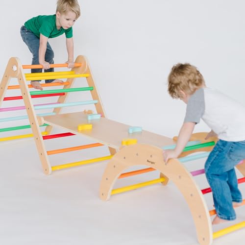 Image of Beright 4 in 1 Pikler Triangle Gym, Montessori Foldable Climber with Ramp, Indoor Climbing Toys for Kids, Climbing Triangle for Toddlers Arch Climber, Rocker, Learning Waldorf Children Toy, Rainbow