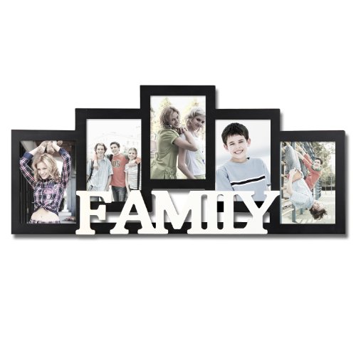 Adeco Decorative Black and White Wood ''Family'' Wall Hanging Picture Photo Frame, 5 Openings, 4x6''