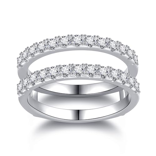 0.6/0.7CT Moissanite Ring Enhancers for Women D Color VVSI Clarity Two Row Round Moissanite Half Eternity Ring, Moissanite Engagement Wedding Rings Enhancers White Gold Plated Size 5-9
