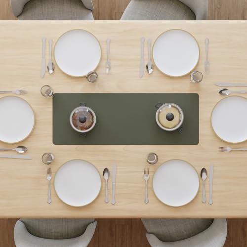 Image of Encasa XO Leather Dining Table Runner | Water & Heat Resistant Double-Layer Runners with Suede Top | Wipeable & Durable Table Runner for Centre Table | 30x85 cm - Olive
