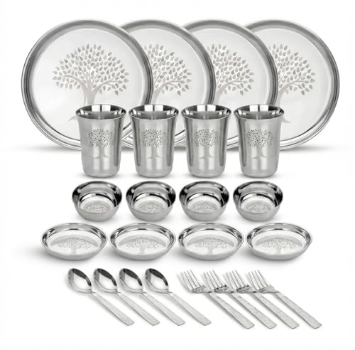 Image of Human Hydro Stainless Steel Thali Dinner Set | 24-Piece: 4 Plates, 4 Bowls (Katoris), 4 Side Plates, 4 Glasses, 4 Spoons & 4 Forks | Food-Grade, Rust-Free, Mirror Finish | Dishwasher Safe