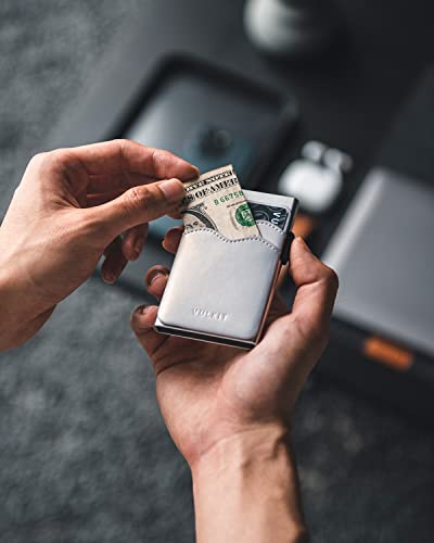 Image of VULKIT Credit Card Holder Minimalist Slim Pop Up Wallet with Leather Slots RFID Blocking for Men and Women Holds 7 Cards and Notes Pearl White