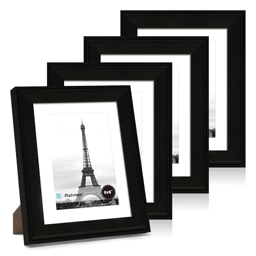 Image of iRahmen 6x8 Vintage Picture Frame with Mat 4x6 - High Definition Real Glass Wooden Photo Frames for Tabletop Display and Wall Mounting (Black, Set of 4)