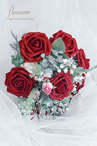image for Floroom Artificial Flowers 25pcs Real Looking Dark Red Foam Fake Roses