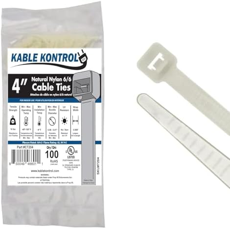 Kable Kontrol Cable Zip Ties Natural White 100 Pcs 4 Inch, 18 Lbs Tensile Strength, Self-Locking Natural Nylon Clear Plastic Wire Ties Wraps for Indoor or Outdoor Use