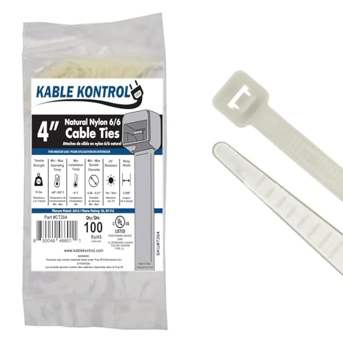 Kable Kontrol Cable Zip Ties, 4 Inch, 100 Pcs, 18lbs Test, Natural White