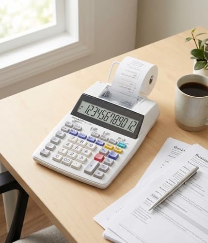 SHARP Druckender Tischrechner EL-1750V (großes 12-stelliges LC Display, schwarz rote Druckfarben) Weiß