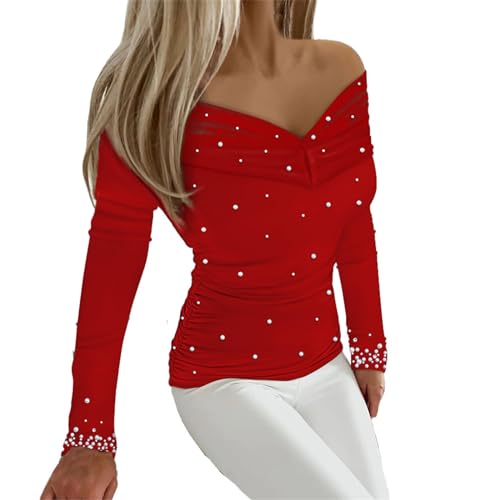 Hefiauo Ofertas Camisetas Lentejuelas de Mujer Perlas Decoradas Blusas Mujer Elegantes Camiseta de Manga Larga con Cuello V Tops de Fiesta Brillantes Túnicas Cómoda Parte Superior Niño Festiva Club