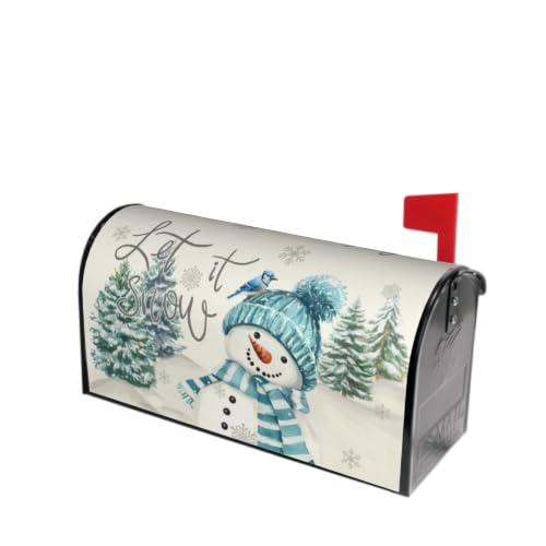 Image of Blue Snowman Mailbox Cover Magnetic- 25.5x21 Inch Large Size- Winter Pine Tree Bird Xmas Snowflake Waterproof Mailbox Wrap Post Cover for Yard Garden Outside Ourdoor Decor