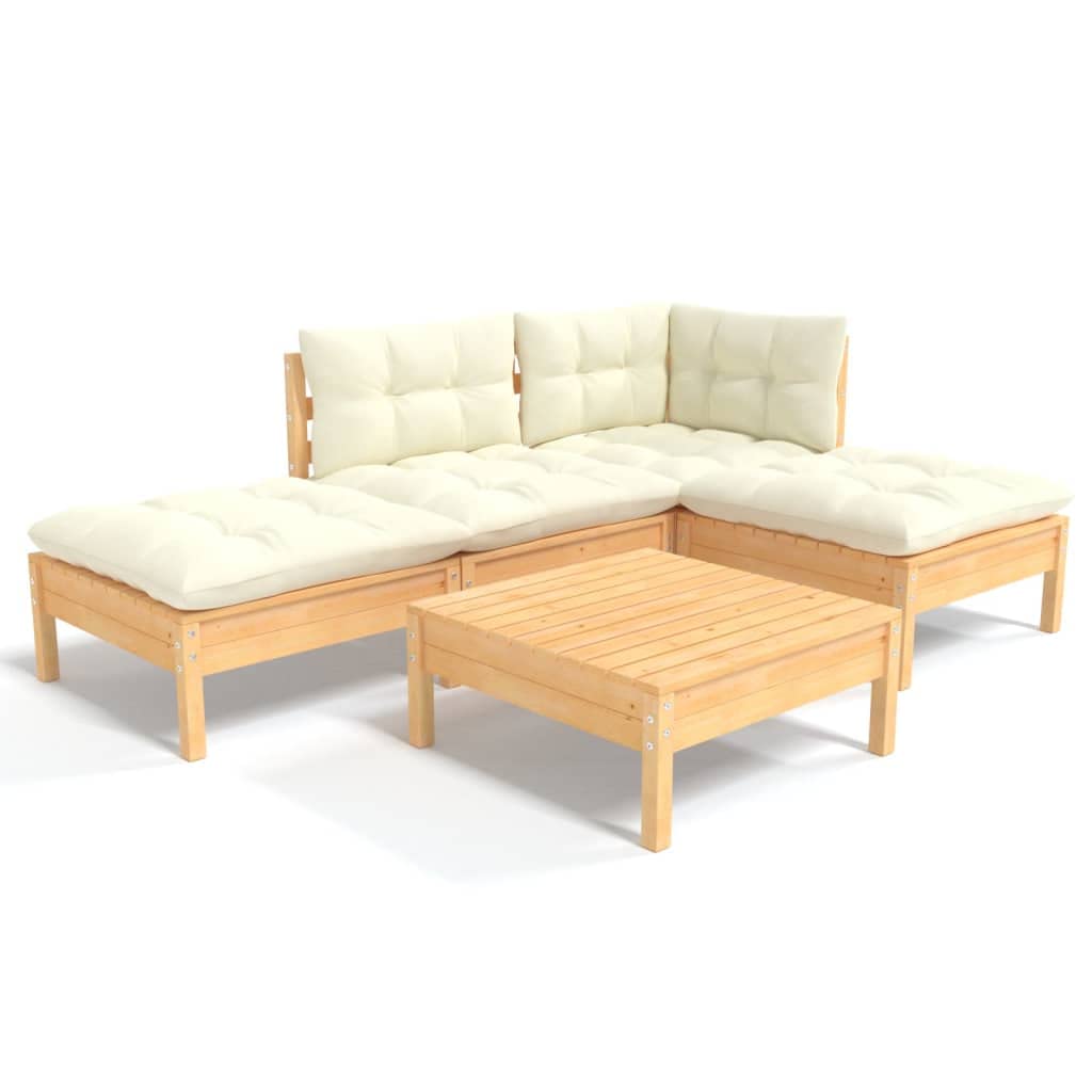 Salon de jardin 5 pcs en bois de pin massif avec coussins crème pour patio