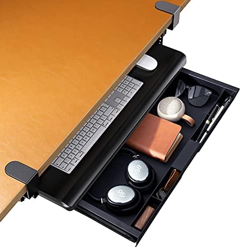 HUANUO Keyboard Tray, Pull Out Drawer Under Desk - Keyboard Tray Under Desk Slide, w/Storage Organizer, Computer Keyboard Stand w/Extra Sturdy C Clamp (32.28" Including Clamps)