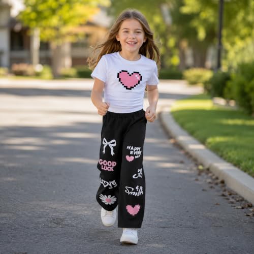 Image of Girls Clothes 2 Piece Cute Pixel Heart-Print Top Graffiti-Print Pants Sets | Trendy Y2K Inspired Outfit with Fitted Top and Wide Leg Bottoms, Casual Streetwear for Teens Girls 7-14Y