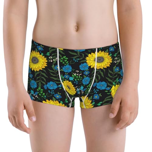 Boys' Cotton Boxer Brief Soft Underwear-Sunflowers And Blue Flower