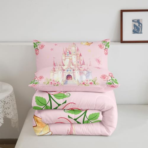 Image of Feelyou Girls Pink Castle Comforter Set King Size Blossom Flowers Pattern Bedding Set for Kids Boys Girls Kawaii Cute Princess Style Duvet Quilt Bedroom Decor Microfiber 3 Pcs with 2 Pillow Cases