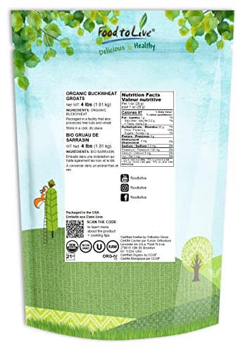 Organic Buckwheat Groats, 4 Pounds – Whole Grain Buckwheat Seeds By Food To Live. Hulled, Non-Gmo, Kosher, Raw, Vegan, Sirtfood. Buckwheat Cereal In Bulk #TOP1
