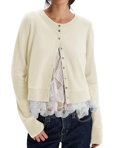 LTSCNRM Women's Lightweight Ribbed Soft Knit Round Neck Cardigan Sweater Classic Open Front Jacket with Buttons Casual(Apricot-M)
