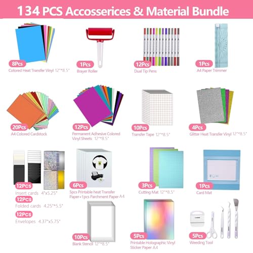 All-in-One Ultimate Accessories Bundle for Cricut Joy Xtra,134pcs Starter Kit with Heat Transfer Vinyl,Adhesive Vinyl, Weeding Tools,Transfer Tape,Paper Trimmer,Brayer Roller,Crafting Starter Kit