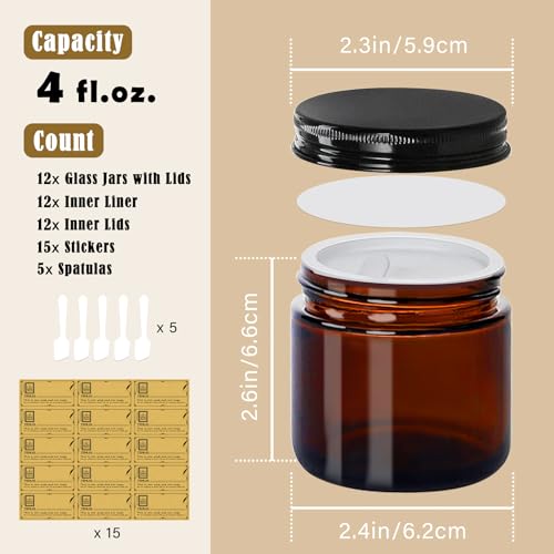 4 oz Glass Jars with Lids,Amber,12 Pack Empty Cosmetic Containers with Inner lids and Inner Liners,Black Metal Lids,Refillable Round Airtight Jars,Use to store Lotion,Powders,Candle Making2