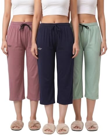 Fflirtygo Women's Cotton Plain Calf Length Capri | Nightwear Pajama | 3/4th Solid Pyjama Pant | Black Navy and Lavender Lounge Pants | Casual wear & Lounge Wear Capri Combo (Pack of 3)