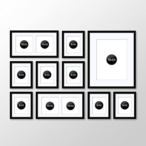 Arttoframes Picture Frame 10 Piece Wall Set, (7) 10X8, (1) 24X18, (2) 10X10 Inch, Black Frames, White Display Mats #TOP20
