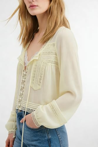 Image of Women Summer Sheer Tie Front Top Y2k Peplum Chiffon Blouse Eyelet Long Sleeve Flowy Lace Beach Cover Up Boho Tops