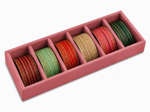 Image of La Trove 6 Slot Velvet Bangle Organizer Tray for Kada & Bracelets, Pink | Lined sections hold bangles, kada, bracelets, rings & chains; keeps accessories sorted in drawer, wardrobe & dressing table