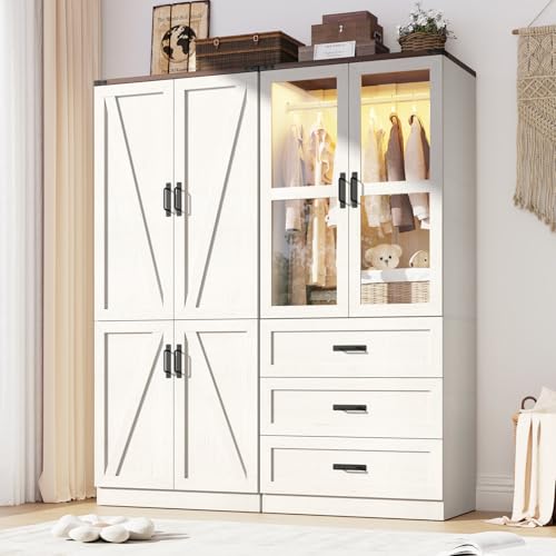 Image of 75" Tall Farmhouse 4 Doors Armoire Wardrobe Closet with 3 Drawers and LED,Freestanding Closet Wardrobe Cabinet for Bedroom with Hanging Rod,Wooden Armoire Storage Cabinet Adjustable(Rustic Off White)