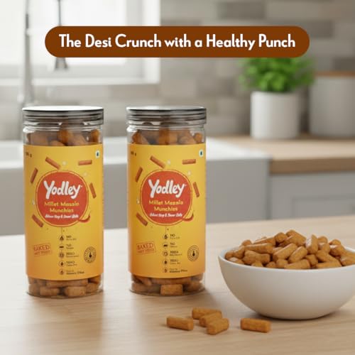 Image of Yodley Millet Masala Munchies - Tangy Achari Flavour - Pack Of 2 | Baked, Not Fried | No Maida, No Palm Oil | Zero Cholesterol | Zero Trans Fat & High In Fiber | Calcium & Iron Rich | Healthy Indian Snack - 150gm