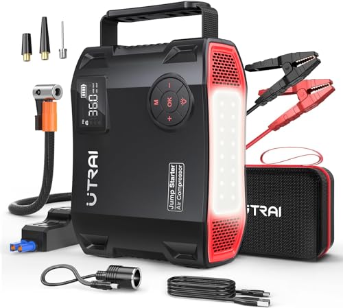 Migliori Avviatori Batteria Auto (Jump Starter) 100 euro UTRAI Avviatore di Emergenza 27000mAh 6 in 1, 5000A Jump Starter Booster Avviatore Batteria Auto con Compressore 150PSI (per Motori 12V Diesel 8.0L e Tutti i Benzina) QC3.0, Doppia USB, Torcia a LED