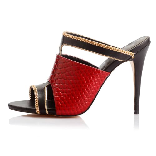 Women Open‑Toe Mule Stiletto Heel Slides, Backless Slip‑On Fashion Dress Sandals,Red,10.5