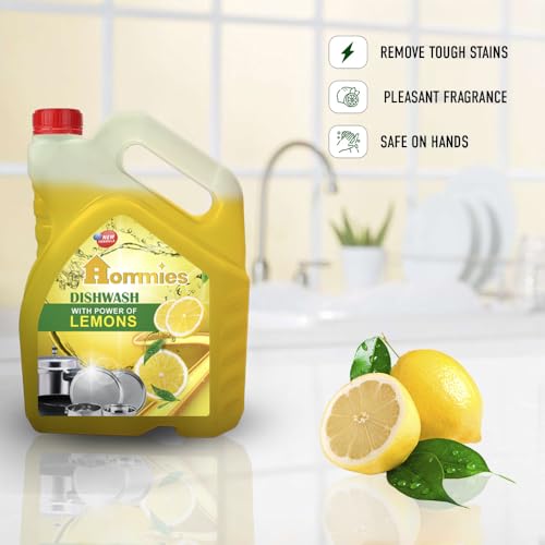 Image of Hommies Lemon Fragrance Dishwash Liquid Gel Refill Pack - 5 Litre | Ultra-Degreasing Formula for All Utensils | Kills Germs & Leaves No Residue | Gentle on Hands, Tough on Grease