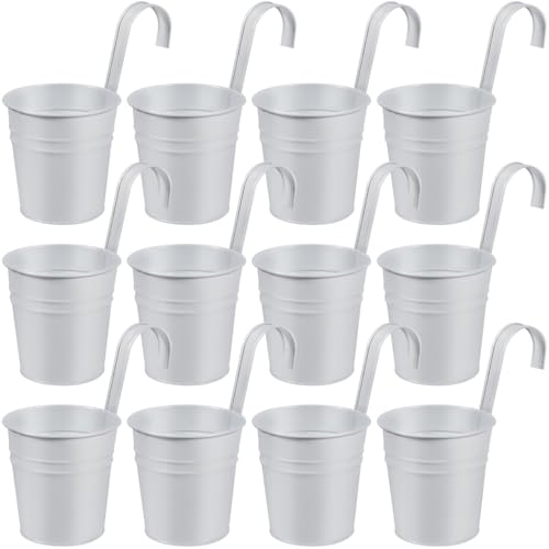 OBTANIM 12 Pack Metal Hanging Flower Pots Railing Planter Outdoor Fence Hanging Bucket Plant Holder with Detachable Hooks Drain Holes for Home Garden Yard Decor (White, 4 x 4 Inch)