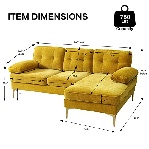 Tekamon Yellow Sectional Sofa Couch For Living Room, Samll Couches For Small Spaces, Chenille Fabric L- Sharped Sofa, Modern Loveseat Sofa With Chaise, Removable Covers (Yellow) Non-Convertible #TOP1